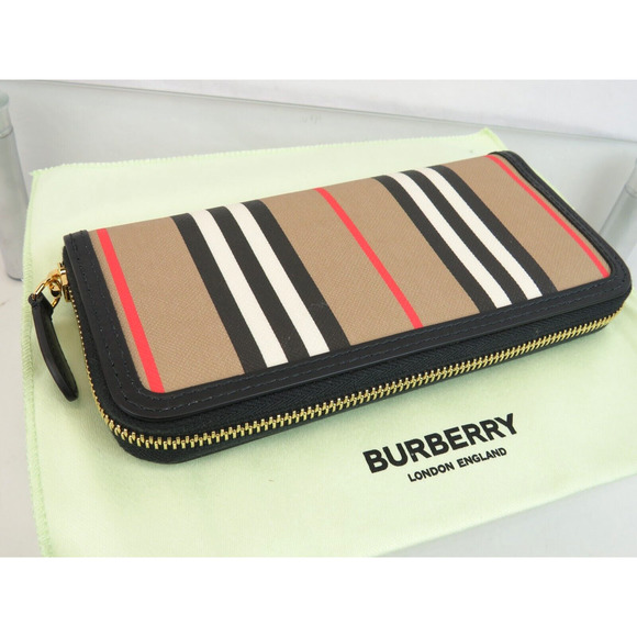 BURBERRY ELLERBY BLACK LEATHER ICON STRIPE CANVAS ZIP AROUND CONTINENTAL WALLET - Picture 1 of 14